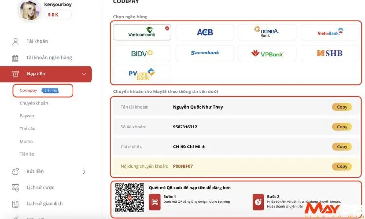 May88 hỗ trợ nhiều phương thức nạp tiền khác nhau